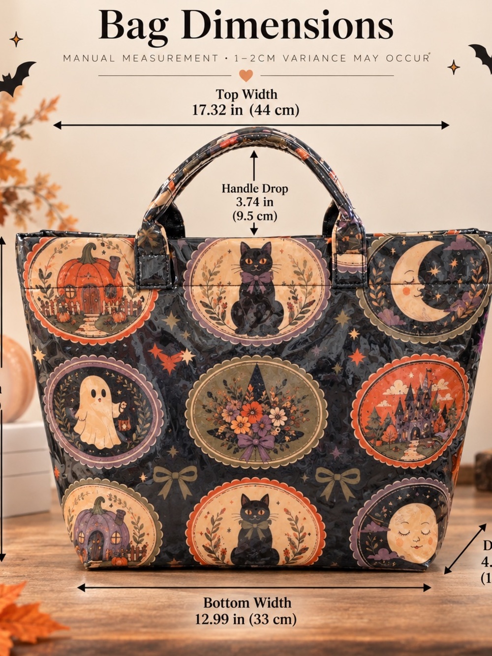 Halloween Patchwork PVC Print Tote Bag - Black/Orange Black Cat Witchy - Picture 2 of 3
